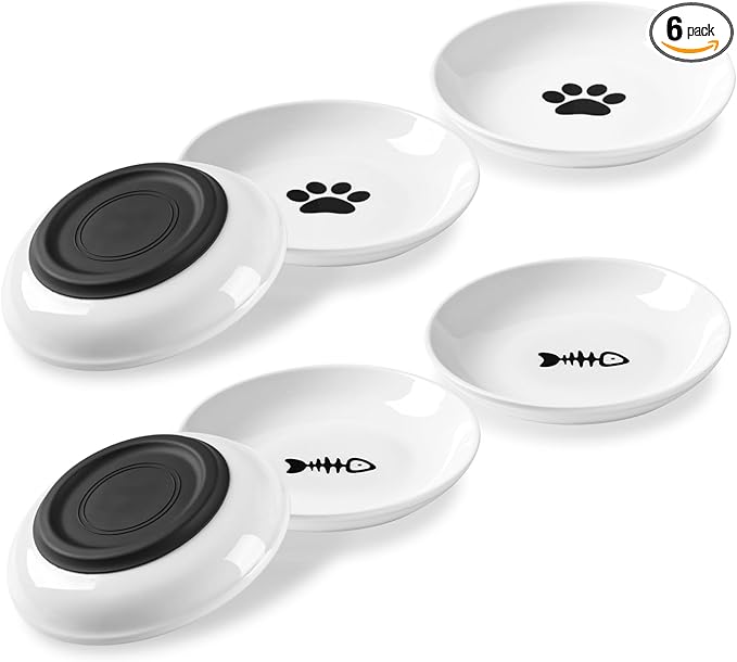 Cat Food Bowls, Whisker Friendly Ceramic Cats Bowls with Nonslip Silicone Base, Pack of 6 Quiet Dishes and Plates for Feeding Indoor Cats, Kittens and Small Dogs(Fishbone+Cat Paw,Shallower)
