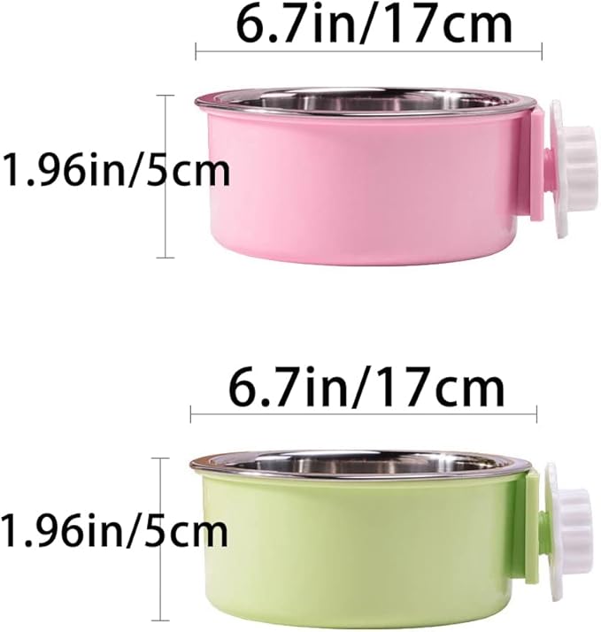 Crate Dog Bowl,Removable Stainless Steel Water Food Feeder Bowls Crate Coop Cup,Pet Cage Bowls with Bolt Holder for Cat, Puppy, Birds, Rats, Rabbits Small Animals ((Green+Pink) Round, Large)