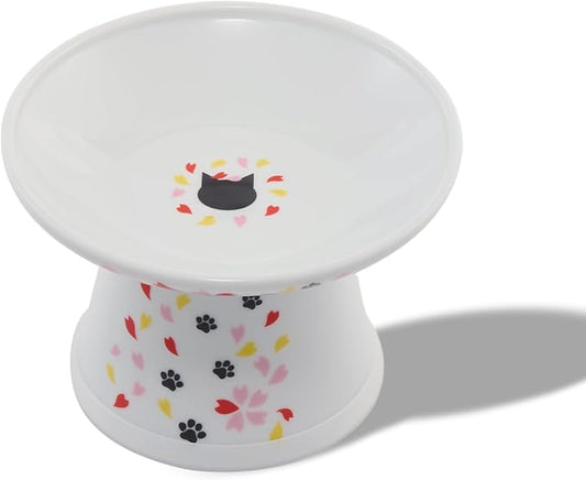 Necoichi Raised Cat Food Bowl – Ceramic Elevated Cat Bowl for Whisker & Neck Fatigue, Dishwasher Microwave Safe – Non-Slip & Anti Vomiting Ergonomic Design (Sakura Floral, Extra Wide, 2-Cups Capacity)