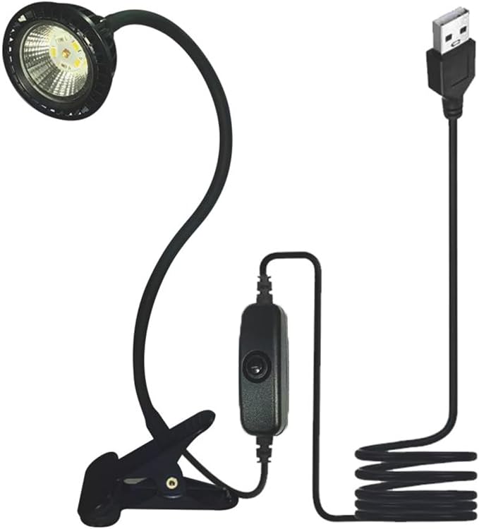 USB Powered Reptile Light UVA UVB 5.0 Basking Lamp with Holder - 360° Adjustable Metal Clamp for Turtle Tank, Lizards & Snakes | 5-12V Safe Voltage, 3W