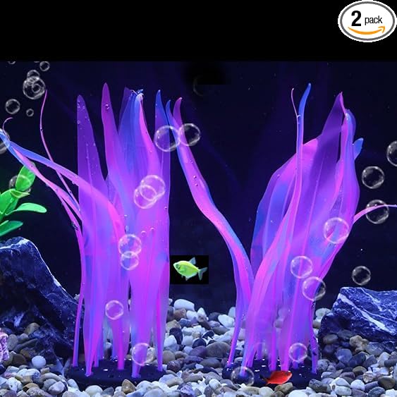 2Pcs Soft Silicone Aquarium Plants Glowing Kelp Fish Tank Plants Decor Artificial Aquarium Plant Decoration Simulation Artificial Water Grass for Fish Tank,Pink,7inch