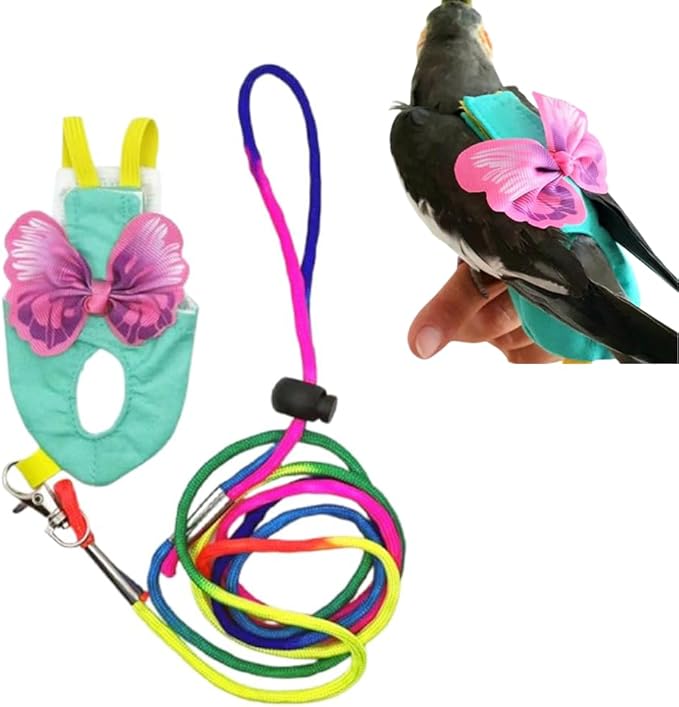 Pet Bird Diaper Harness Adjustable Parrot Harness and Leash Set Cockatiel Flight Suit with 60 Inch Leash Bow Tie Bird Flying Clothes for Conures Cockatoos Cockatiel Pigeon (Pink, Large)