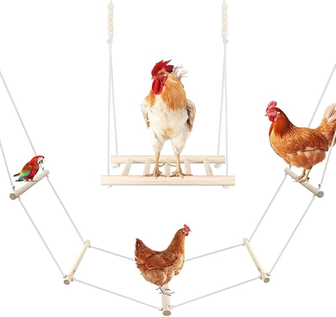 2 PCS Chicken Swing Set for Coops - Large Soft Rope Ladder & Wooden Perch Ladder, Boredom Buster Toys for Hens, Parrots, Poultry Accessories