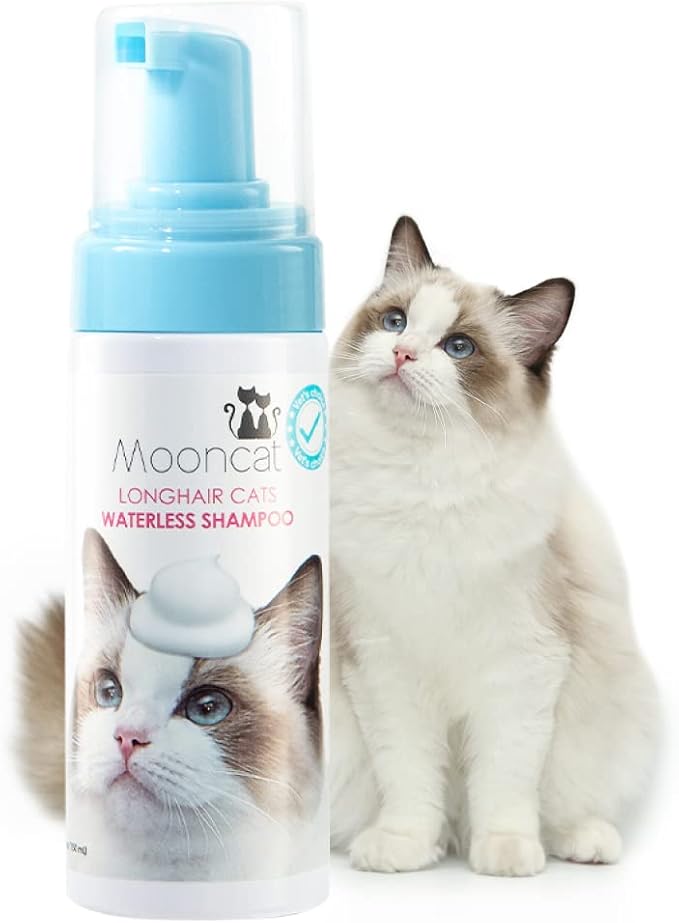 Mooncat Waterless Cat Shampoo for Longhair Cats | Licking Safe No-Rinse Dry Foam to Soften Mats & Smooth Fur | Gentle Formula for Kittens & Sensitive Skin, pH Balanced - 5oz