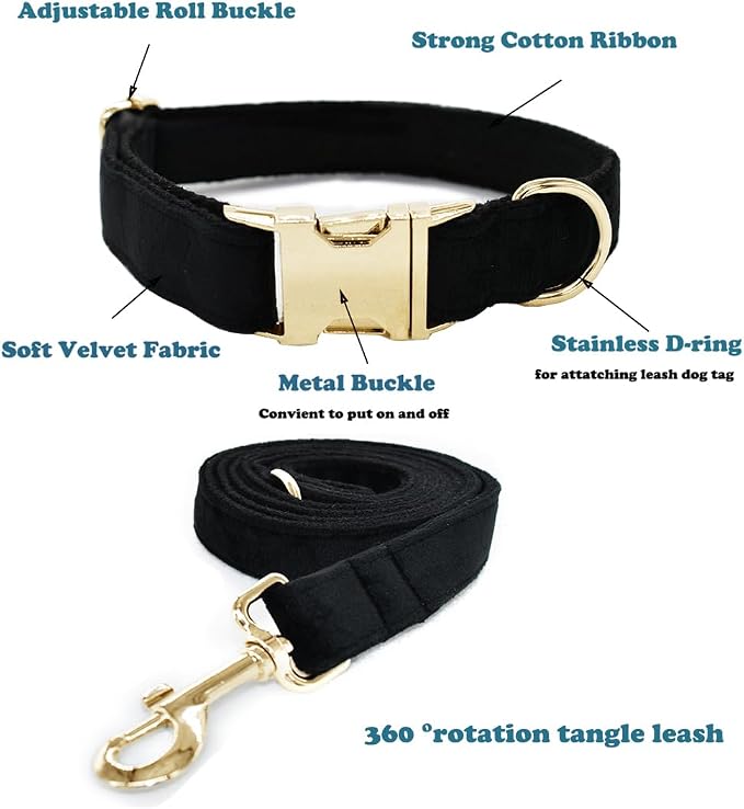 Love Dream Velvet Dog Collar and Leash Set, Soft & Comfy Adjustable Dog Leash and Collar with Heavy Duty Metal Buckle for Small Medium Large Dogs Training & Walking (Medium, Black)