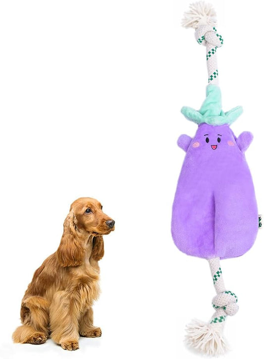Green Sheep Interactive Plush Dog Toy, No Stuffing Squeaky Toy with Recycled Cotton Rope for Medium to Large Dogs, Aubergine