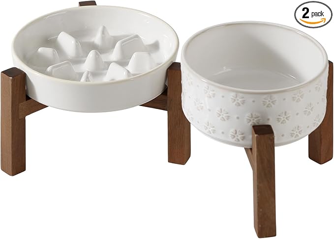 Havniva Elevated Slow Feeder Dog Bowls, 1.2 Cups/7.3 inch Slow Feeders + 6.1 inch Ceramic Dog Food & Water Bowls Set with Acacia Wood Stand Puzzle Bowls for Fast Eater, Small Dogs Anti-Choking