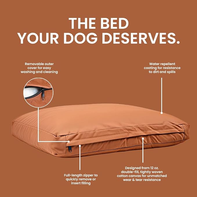 WHITEDUCK Outdoor Dog Bed Heavy-Duty 12oz Canvas, Water-Repellent Cotton, Machine Washable Removable Cover with Full-Length Zipper, Dog Bed for Large Dogs & Crate, (Brown) 36" Lx27 Wx4.3 th (L)