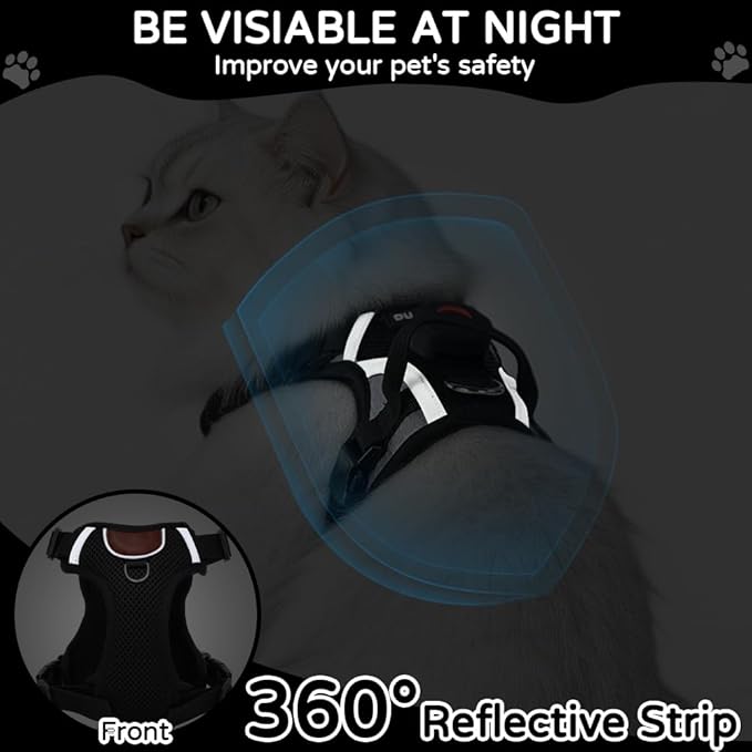 Cat Harness and Leash Set with Holder Compatible with AirTag, Escape Proof Kitten Harness with Lead for Small Cats, Soft Mesh Puppy Jacket Vest for Outdoor Walking, Reflective & Adjustable, Black, S
