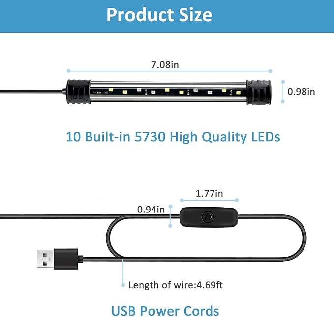 DaToo LED Aquarium Light 3 W Underwater USB Fish Tank Light White and Blue Submersible Aquarium Light 7in