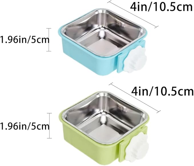 Crate Dog Bowl,Removable Stainless Steel Water Food Feeder Bowls Crate Coop Cup,Pet Cage Bowls with Bolt Holder for Cat, Puppy, Birds, Rats, Rabbits Small Animals ((Blue+Green) Square, Samll)