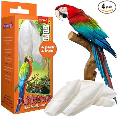 Natural Cuttlebones 4 Pack Calcium Cuttlebone Treats Suitable for All Bird Breeds - Easy to Attach with Metal Holder - Great for Parakeets Parrots Cockatiels - Chew Feeder Tortoise & Snails