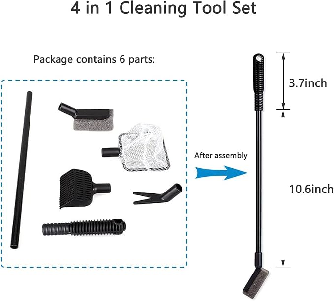 Aquarium Fish Tank Cleaning Tool Set, 4-in-1 Multi-Function Aquarium Cleaning Kit Fishing Net + Gravel Rake + Plant Fork + Sponge Brush with Long Handle for Aquarium