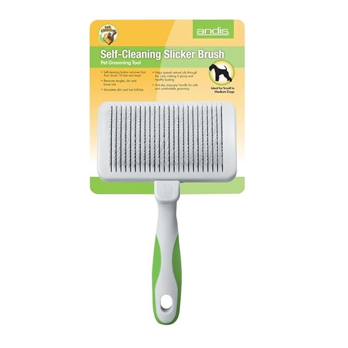 Andis 40160 Self-Cleaning Animal Slicker Brush - Grooming Brush for Pet Deshedding Fur - Reduces Shedding Up to 90%, Removes Tangles, Dirt & Loose Hair - Ideal Gift for Pet Lovers – White,Silver