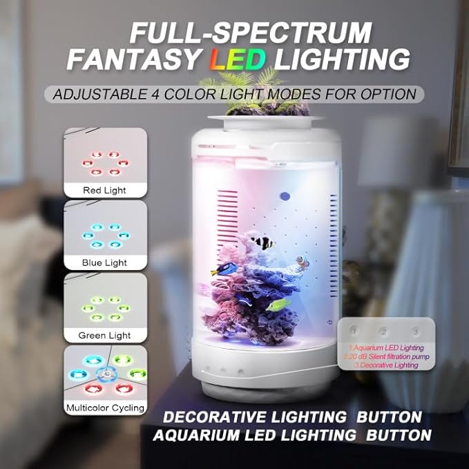 FZONE 1.2Gal Small Fish Tank with Plant Pot, All-in-one Desktop Aquarium Kit with Adjustable 4 Color Light Modes,20dB Filtration Pump,Detachable Backdrop,Invisible Touch Switch, Office & Home Decor