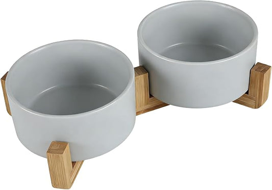 Ceramic Dog and Cat Bowl Set with Wooden Stand Matte Glaze Elevated Food Water Set Anti-Tip Non-Slip Weighted for Cats Small Breed Dogs-Grey-13.3OZ