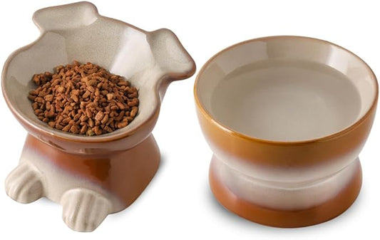 Nihow Dog Food & Water Bowl Set: Elevated Ceramic Dog Bowls for Medium/Small Size Dog - Food Safe Raised Puppy Bowls - Brown Pet Bowl for Protecting Pet's Spine (Set of 2)