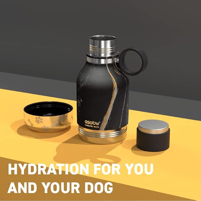 Asobu Buddy Bottle a Stainless Steel Insulated Water Bottle for with Removable Dog Water Bowl and Dog Food and Treat Storage Bowl (Midnight Marble, 37 oz Water Bottle with Bowl)