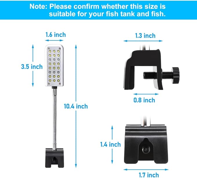 DaToo Aquarium Light Small LED Clip Light for Fish Tank 1.5W with Timer&Dimmer, 1 Yr Warranty