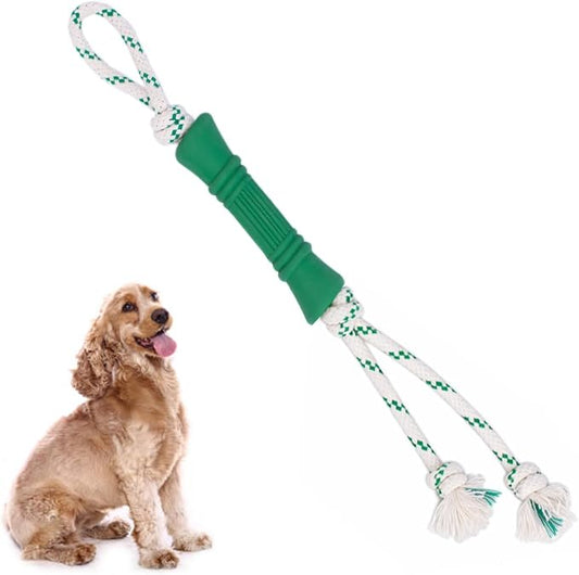 Green Sheep Tug & Enrichment Dog Toy, Interactive Rope Bone Toy with Removable Cotton Rope, Treat Dispensing Natural Rubber Dental Chew Toy for Medium and Large Dogs, Green