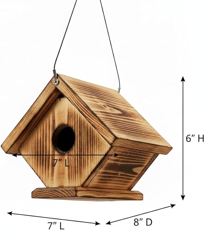 Wren Bird Houses for Outside, Golden Metal Hole Plate, Hanging Birdhouse for Outdoor, Cedar Wood Nest Box for Jay Wrens and Chickadees, Brass Entrance Stainless Cable Longtime Lasting