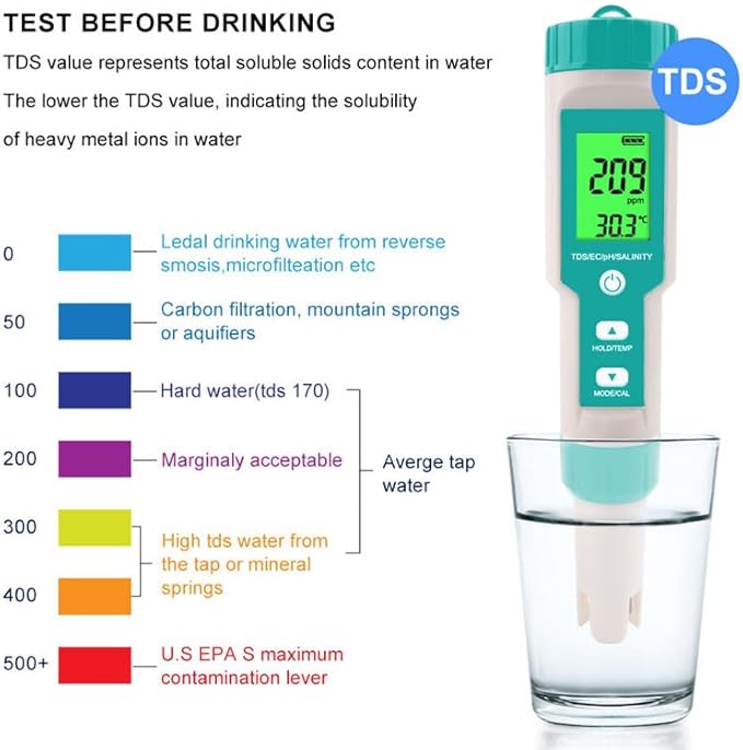 Pool Salt Tester - Multifunctional 5 in 1 Salinity, PH, TDS, EC, and Temperature Meter, Pool Salinity Testing Kit, Digital Salinity Tester for Swimming Pool,Saltwater, Sea Water, Aquarium