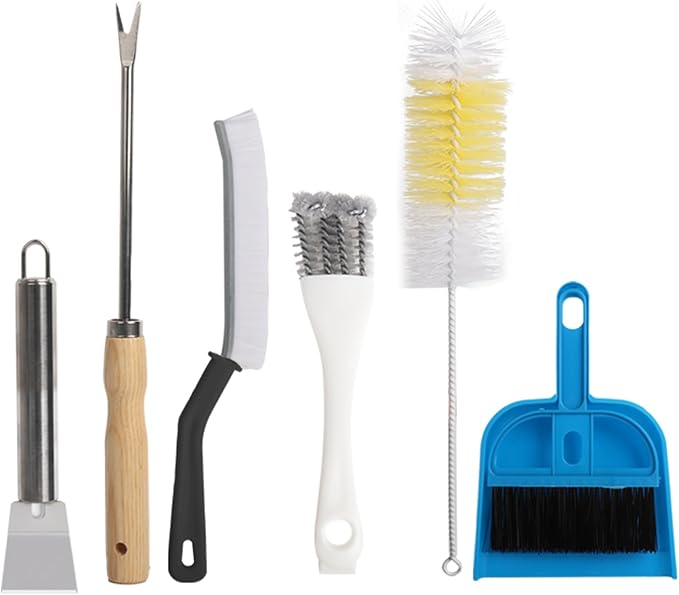 6PCS Small Animal Cage Care Kit - Stainless Steel Grooming Tools for Birds/Parakeets, Hamsters & Sugar Gliders - Includes Waste Remover, Brushes & Dustpan (Fits Wire & Plastic Cages)
