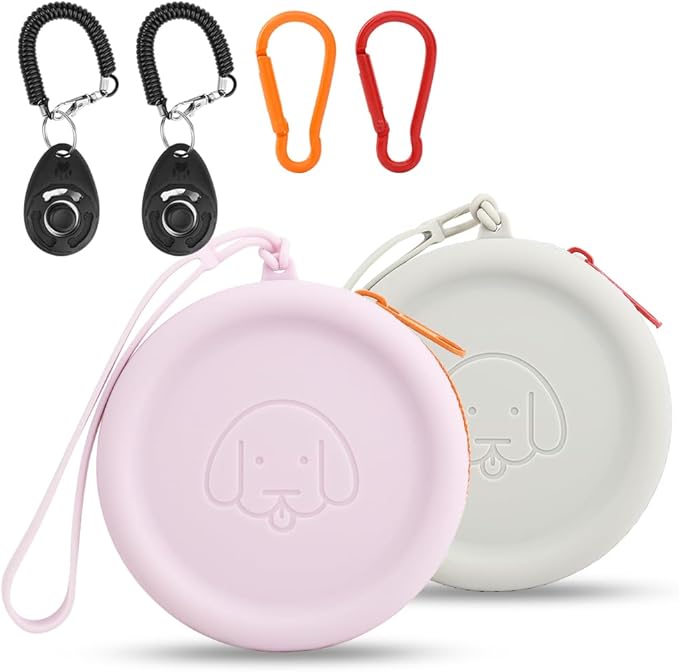 WALLFID Silicone Dog Treat Pouch Small Bag,2PCS Pet Walking Bag for Dog and Cat,Pocket Size,Easy to Clean,Odorless,Zipper Design,Moisture-Proof,Travel Walking Bag,Portable Training Bag. (Gray&Purple)