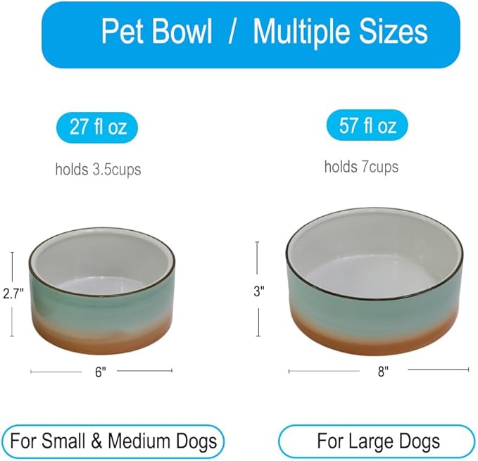 8'' Ceramic Dog Bowl - Green and Orange Classic Dogs Food & Water Bowl for Medium and Large Pet Breeds, Heavy-Duty Non-Slip Dog Dish, Porcelain Pet Bowl, Dishwasher & Microwave Safe, 7 Cups