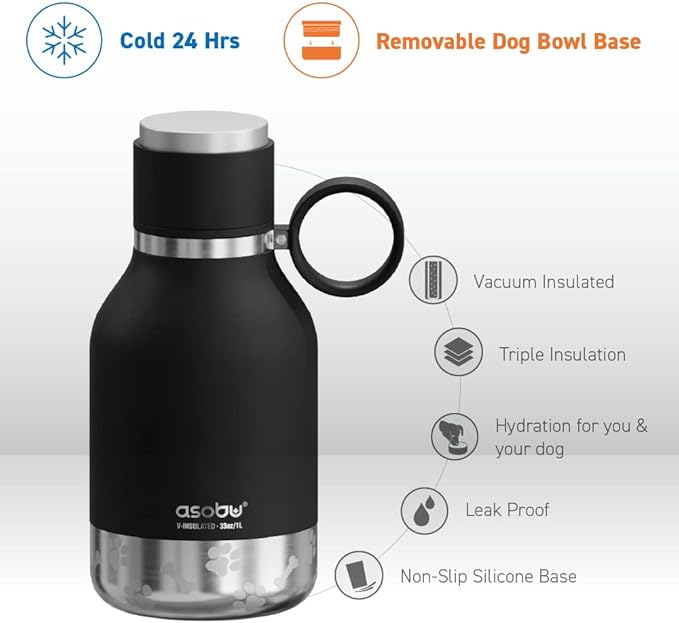 Asobu Dog Bowl Attached to Stainless Steel Insulated Travel Bottle for Human 33 Ounce (Black)