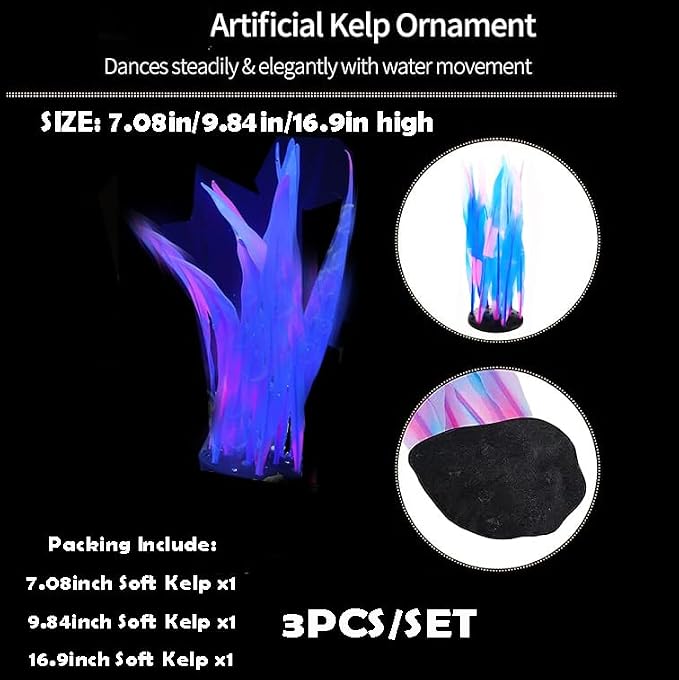 3Pcs Soft Silicone Aquarium Plants Set Glowing Kelp Fish Tank Plants Decor Artificial Blue Aquarium Plant Simulation Artificial Water Grass for Fish Tank,7.08in9.84in16.9in