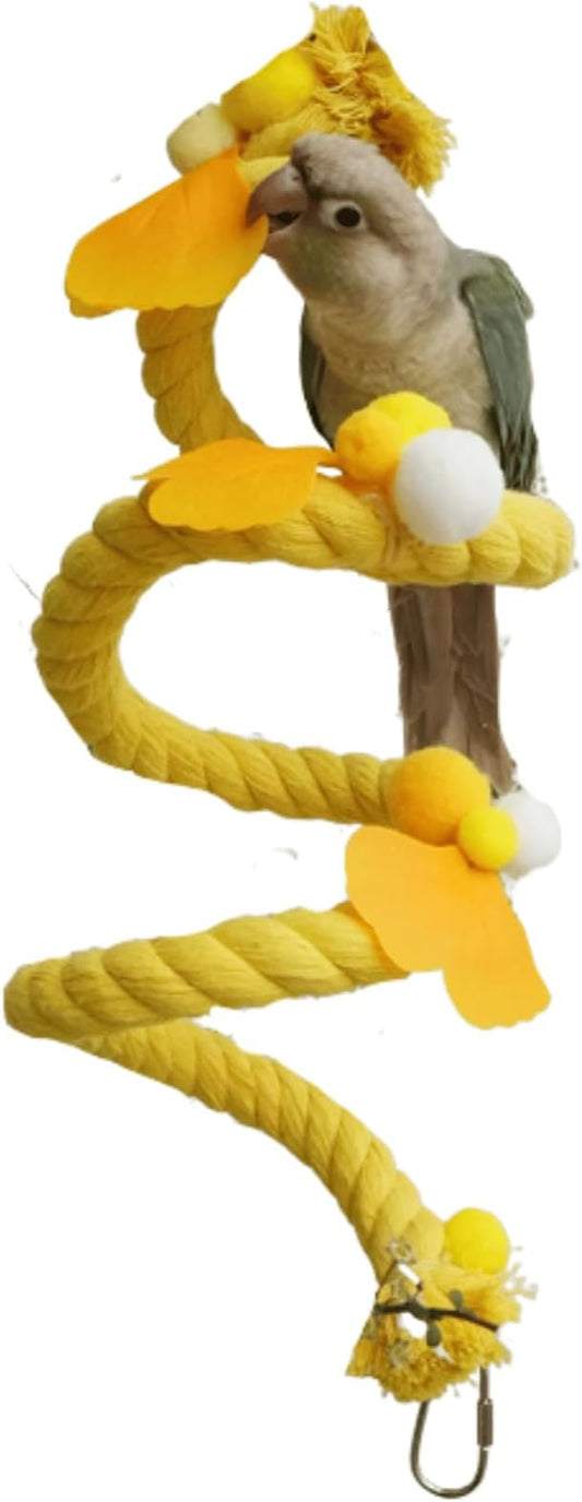 Bird Toys, Rope Perch for Parrots, 39.3 Inches Long, Brightly Colored Handmade Chew Toy, Spiral Design Bird Cage Climbing Rope for Lovebird Conure Quaker Budgie Cockatiel (Yellow)