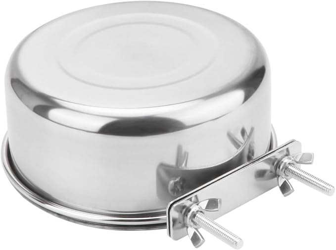 Pet Food Water Bowl with Clamp Holder Stainless Steel Coop Cup Hanging Feeder for Dog Bird Parrot Cat Rabbit (L)