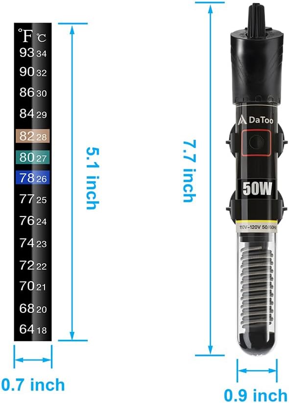 DaToo Mini Aquarium Heater 50W Small Fish Tank Heater 50 Watt with Free Thermometer Sticker(50W)