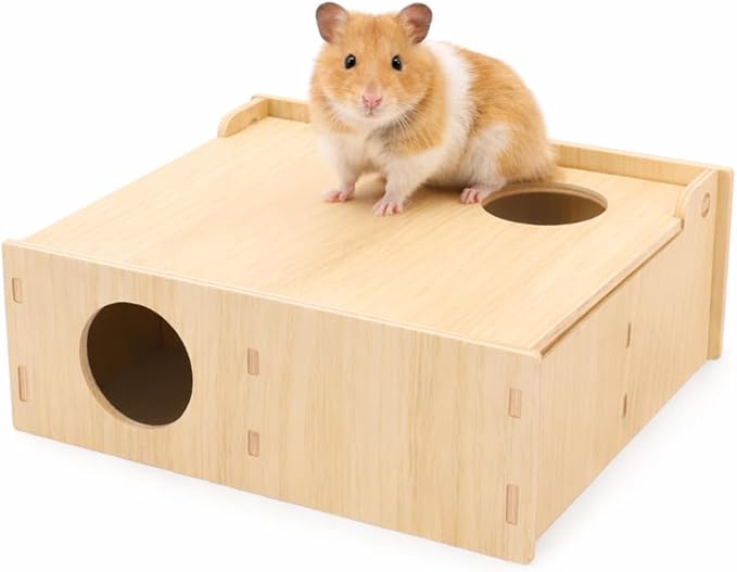 Wooden Hamster Tunnel Maze with Observation Skylight – Secret Peep Shed & Explore Hideout, Chewable Non-Toxic Enrichment Toy & Activity Center for Dwarf Hamsters & Young Syrians