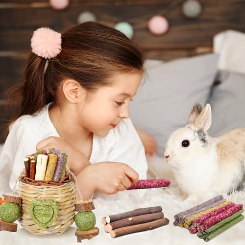 Jorewood Rabbit Chew Toys,Natural Hanging Basket with Sweet Bamboo,Timothy Hay,Peach Sticks for Bunny Chinchillas Guinea Pigs Hamsters Rats Teeth Grinding