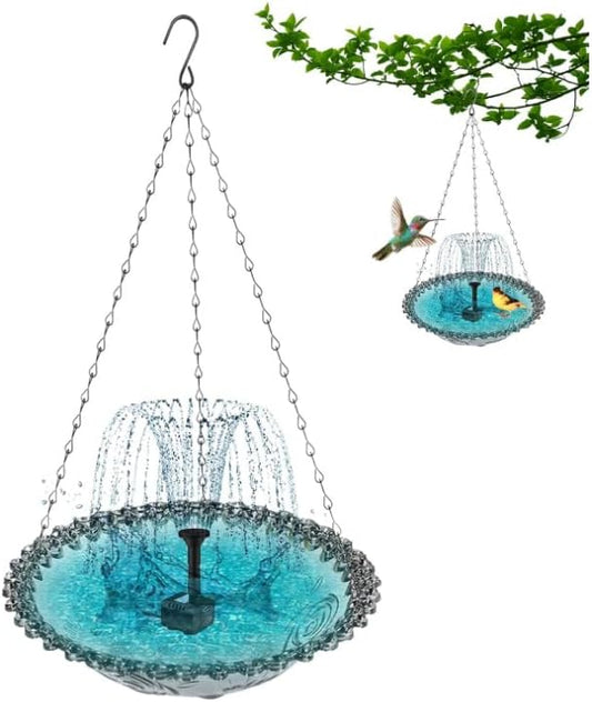 Hanging Solar Bird Bath Fountain with Water Pump, Plastic Basin, 4 Nozzles, Sturdy Metal Chains, Outdoor Garden Decor (Can Spray Water, Black)