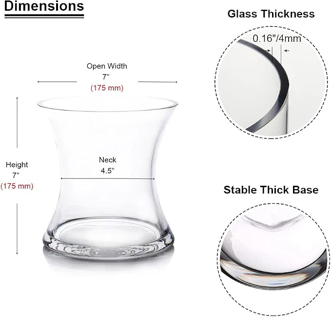 Unique Bouquet Vase, 7" W 7" H, Clear Short Hurricane Concave Flowers Glass Vase for Home Wedding Event Decor (1 Piece)