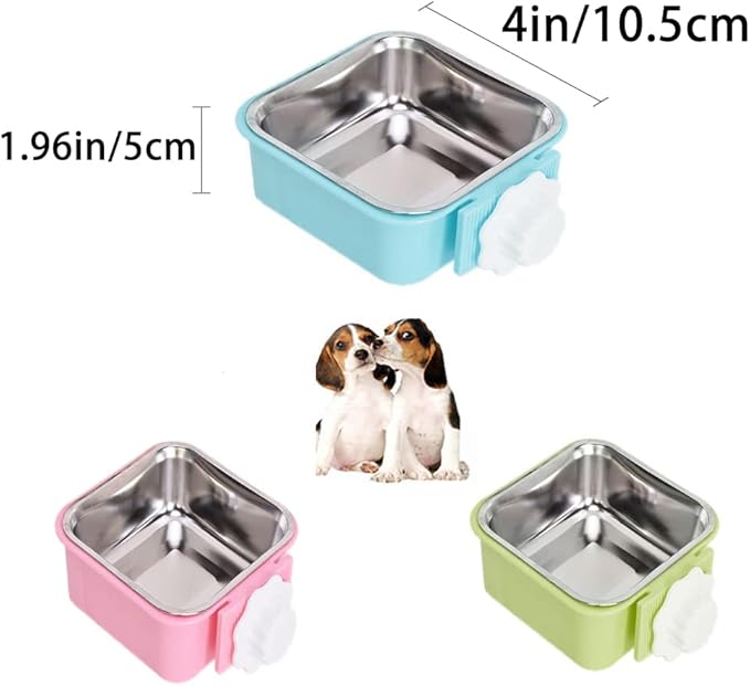 Crate Dog Bowl,Removable Stainless Steel Water Food Feeder Bowls Crate Coop Cup,Pet Cage Bowls with Bolt Holder for Cat, Puppy, Birds, Rats, Rabbits Small Animals ((Blue+Green+Pink) Square, Samll)