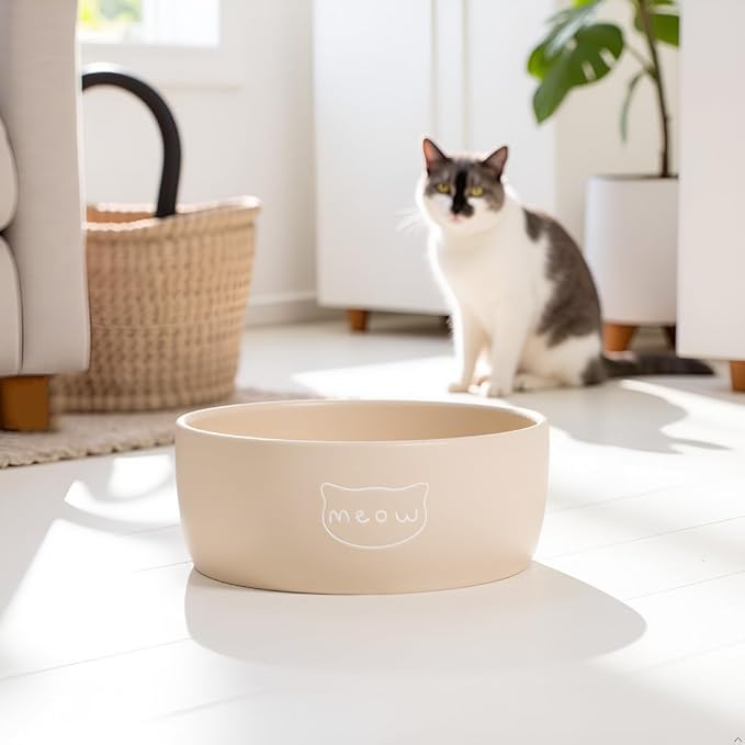 Pearhead Ceramic Cat Bowl – Neutral Taupe “Meow” Design, Holds 12 oz, Stoneware Pet Dish, Whisker-Friendly Pet Feeding, Non-Skid