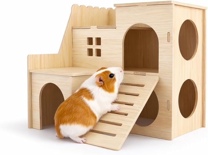 Large Hamster Maze Wood House Fun Slide House Double-Decker Hut Chew Toys for Bigger Syrian Hamsters Dwarf Gerbil Mouse Mice Rat Small Animals
