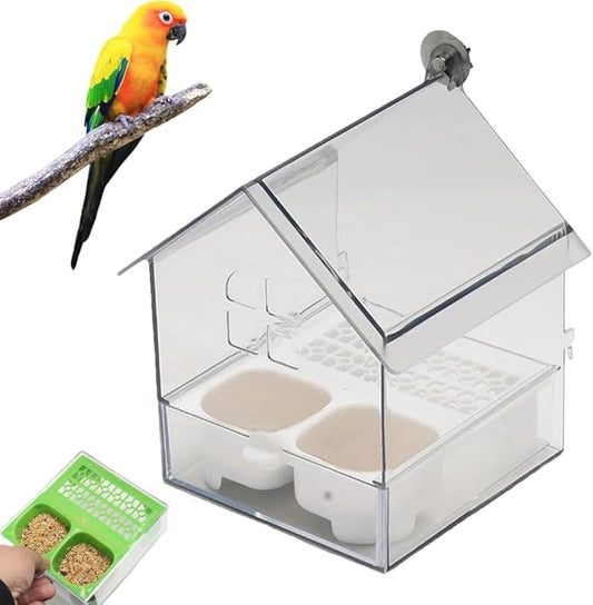 Pull-Out External Parrot Feeder,2025 New Multi-Function Hanging Mess-Free Bird Feeder,with Two Food Troughs, Pull-Out Design,Easy to Fill/Clean,Long-Lasting Outdoor Use for Finch and Hummingbird