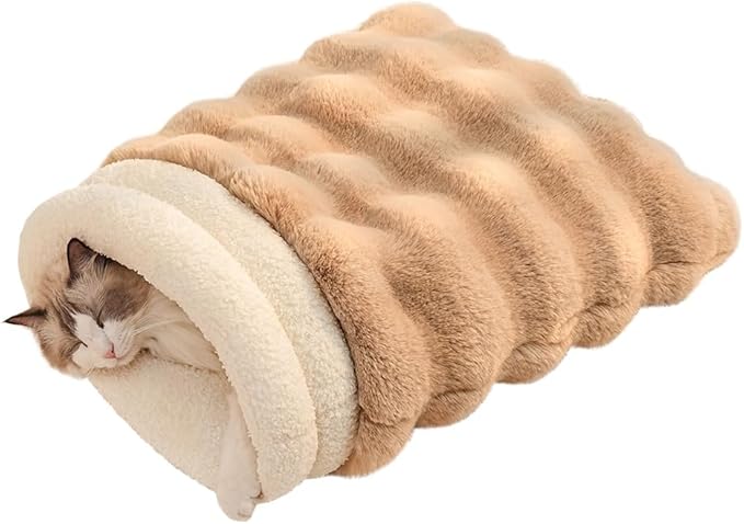 SOMAHE Self-Warming Cat Sleeping Bag, Enclosed Hooded Snuggle Sack with Dual-Side Plush Cat Cave Bed, Portable Foldable Pet Sleeping Pod for Indoor & Travel, Anti-Static, 21.7"x17.7"Coffee