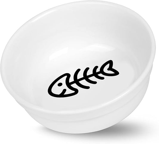 COMESOON 5" Ceramic Cat Bowl with Fish Bone Pattern, Cat Food Bowl for Food and Water, Healthy Cat Dishes for Indoor Cats and Small Dog, Dishwasher Safe & Microwaveable - White