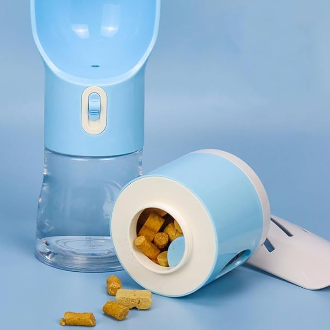Baby Blue 4-in-1 Portable Dog Water Dispenser+Food Storage+Built-in Poop Bag Holder+Scoop | 258ml Water & 220ml Food Capacity | Leakproof | Food-Grade ABS Material.