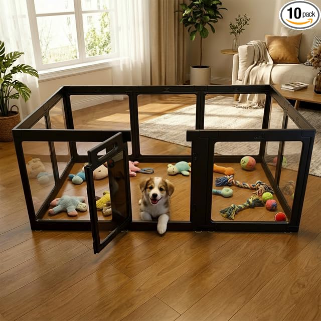 Transparent Indoor Dog Playpen with Safety Lock, Indoor Dog Fence for Small & Medium Pets | Secure, Stylish, Easy Clean Play Pen for Dogs & Pets with Scratch Resistant Panels (Black, 10 Panel)