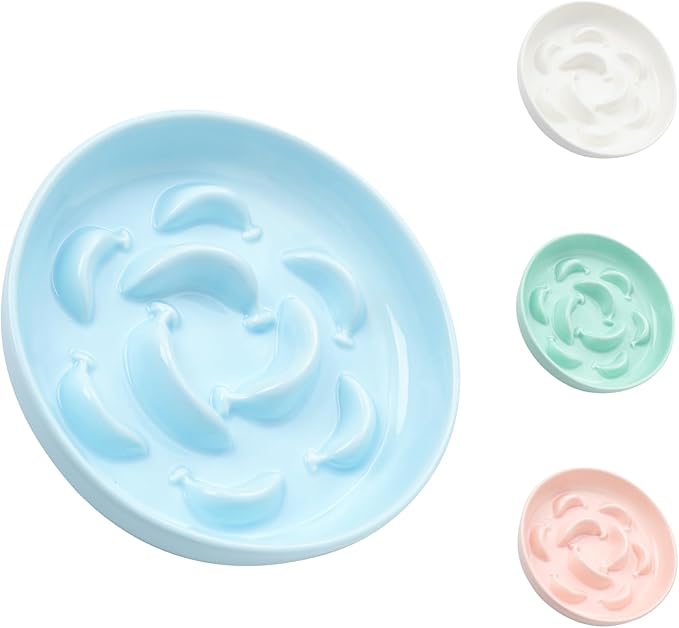 Ceramic Cat Slow Feeder Bowl - 6.3'' Wide Opening Whisker Friendly Cat Plate for Dry and Wet Food - Cute Maze Feeder Dish Helps Reduce Vomiting - Microwave and Dishwasher Safe - Blue