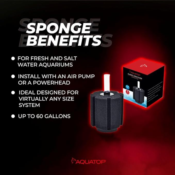 Aquatop Internal Sponge Filter – Mechanical & Biological Filtration – Compatible with Air Pumps or Powerheads – Up to 60 Gallons – CAF-60