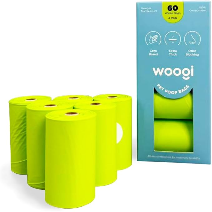 Woogi Biodegradable Dog Poop Bags – 60 Extra Thick & Leakproof Bags (4 Rolls), Eco-Friendly, Compostable Pet Waste Bags Made from Corn Starch, Unscented, Scent Barrier