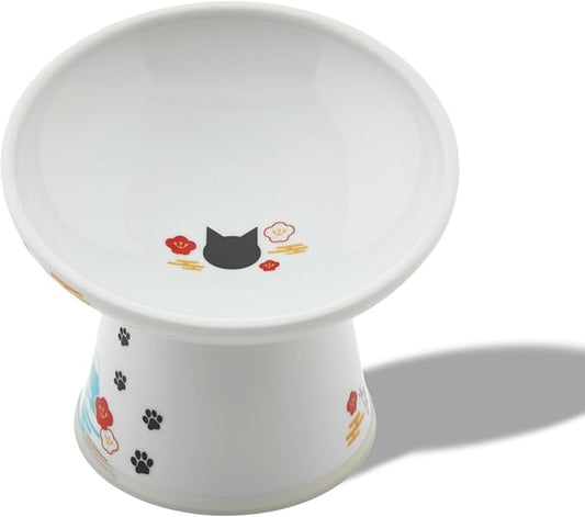 Necoichi Raised Cat Food Bowl – Ceramic Elevated 15° Tilted cat Bowl for Whisker & Neck Fatigue, Dishwasher & Microwave Safe, Non-Slip Anti-Vomiting Design (Fuji, Extra Wide Tilted, 1.5-Cups Capacity)